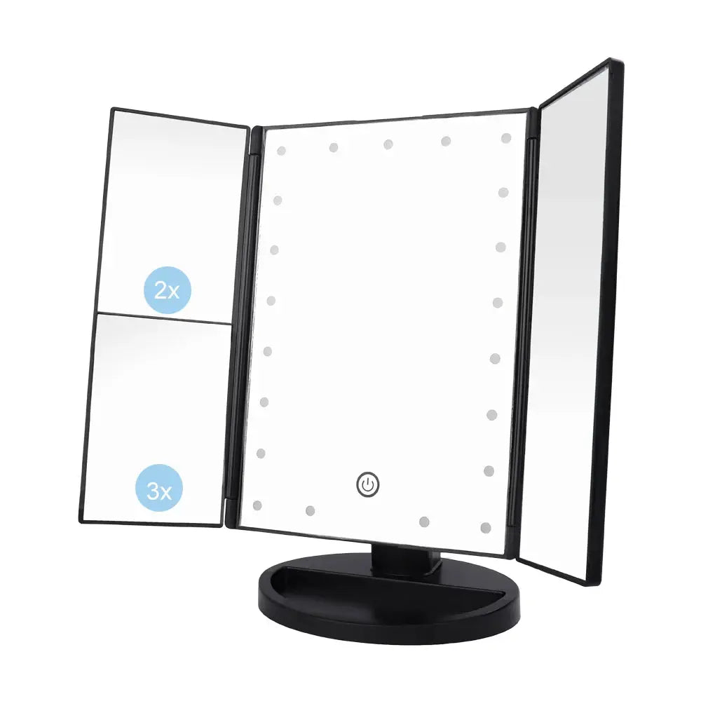 Smart mirror with lighting and storage.